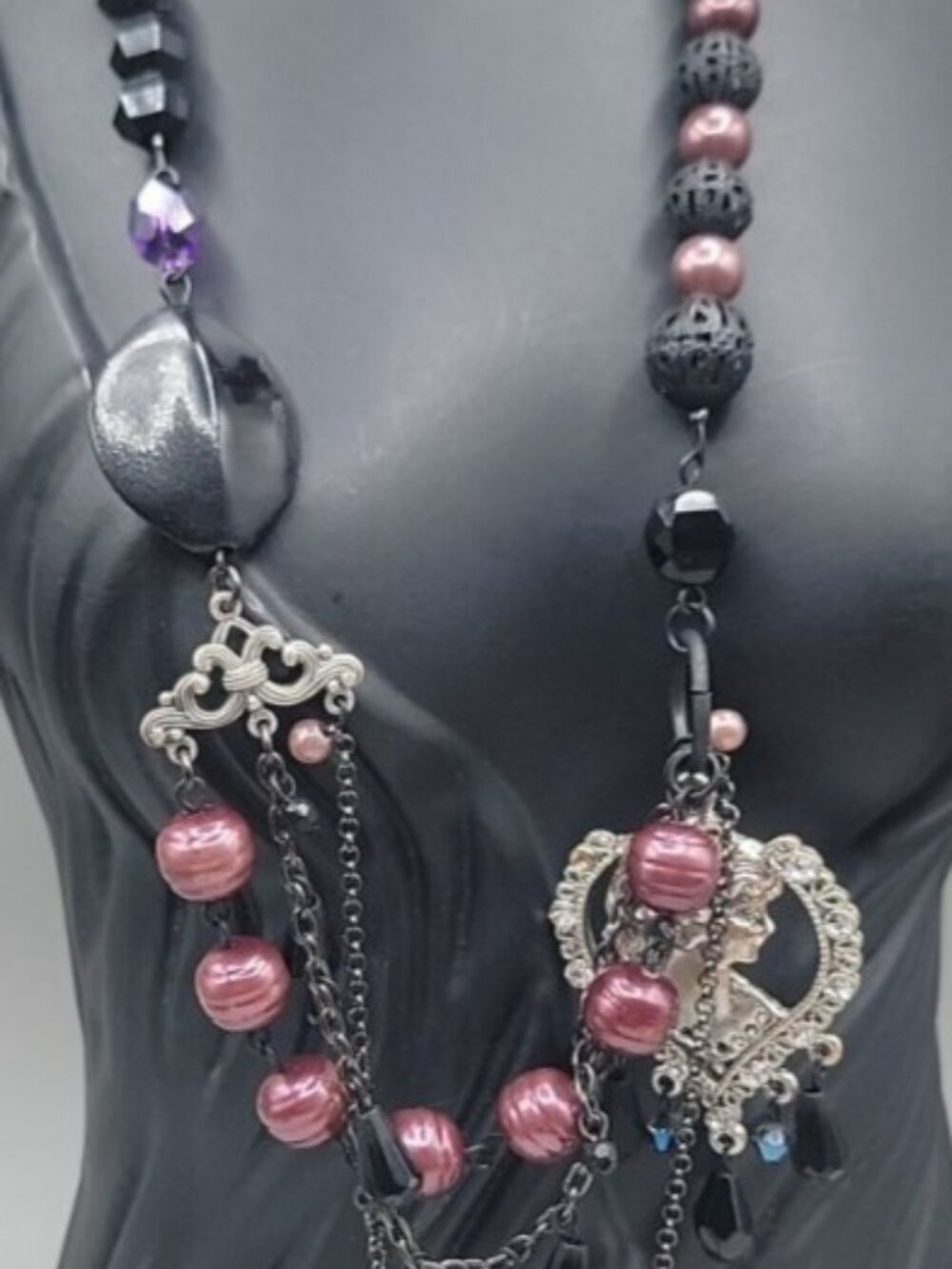 Vintage Art Deco Faux Pearl Multistrand Layered Rhinestone Beaded Chain Necklace - Picture 6 of 13